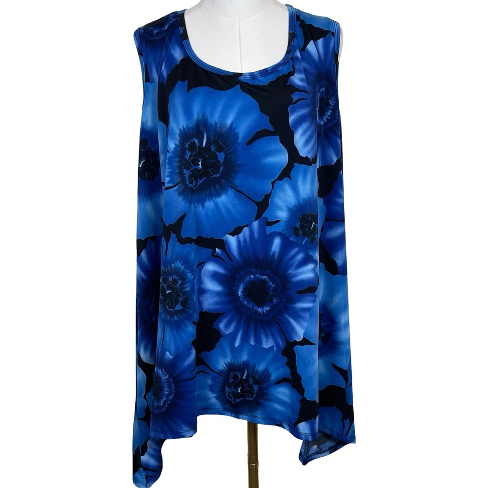 Only 9 Floral Sleeveless Tunic Top Women 4X Blue Sharkbite Hem Poppy Print